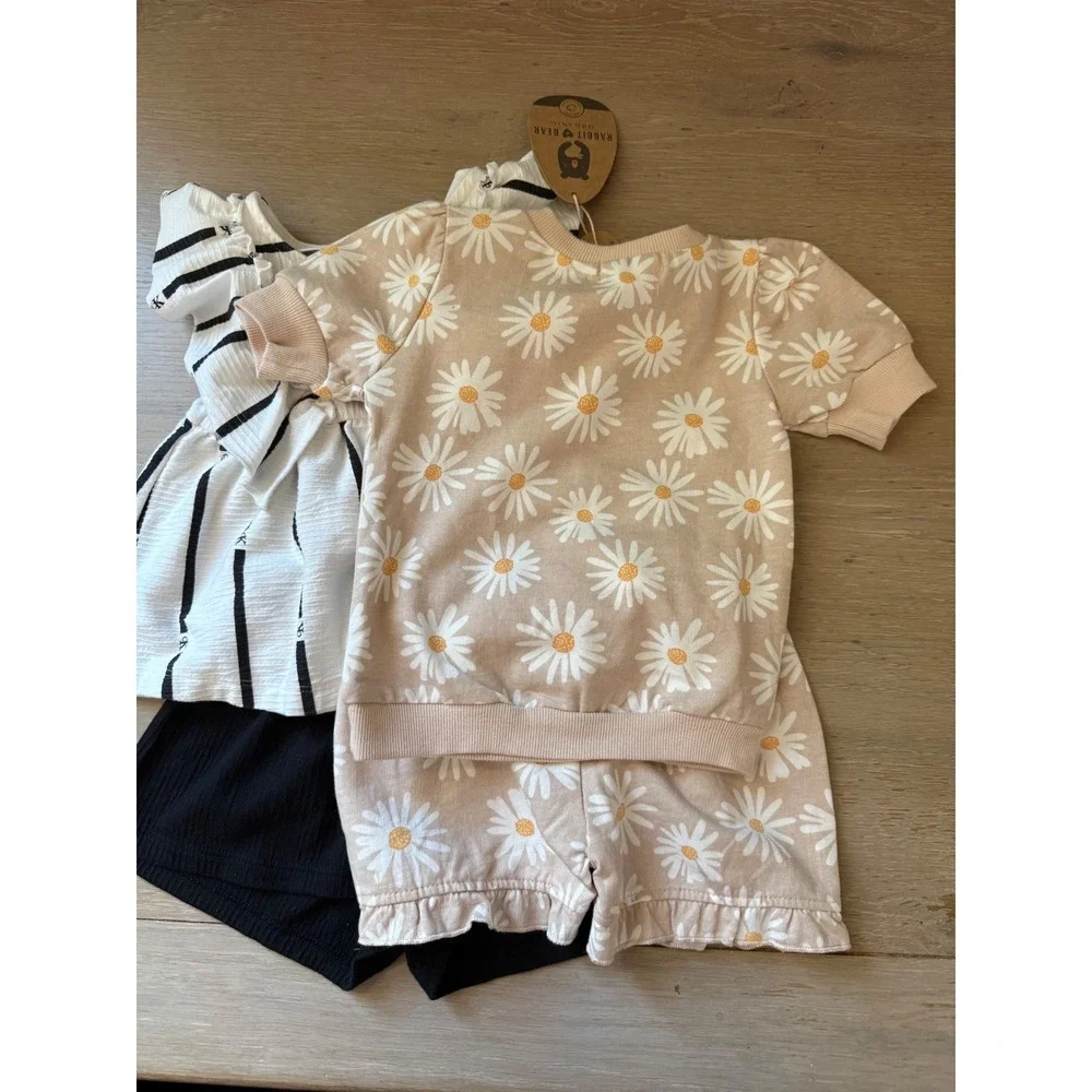 Toddler Girl 2T Bundle Calvin Klein Striped Set, Rabbit Bear Organic Daisy Set